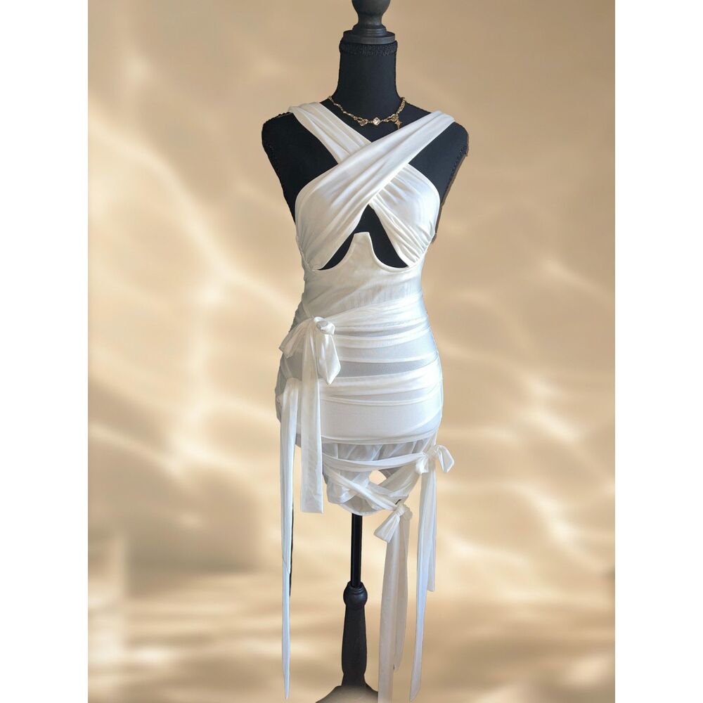 NWT PrettyLittleThing White Mesh Wrap Neck Tie Detail Bodycon